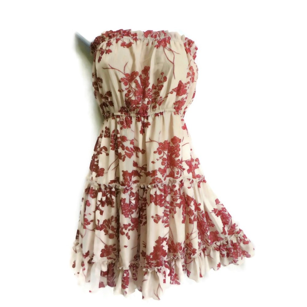 NEW Windsor Cottagecore Dress Lined Strapless Ruffle Full Tiered Taupe Rose M